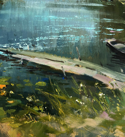 Oil painting of lonely boat by river by Yuriy Suprunchuk