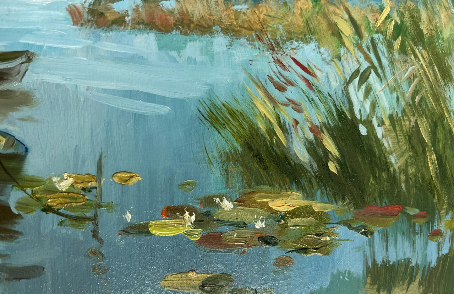 Vibrant impressionist oil painting of summer cloudy pond by Yuriy Suprunchuk