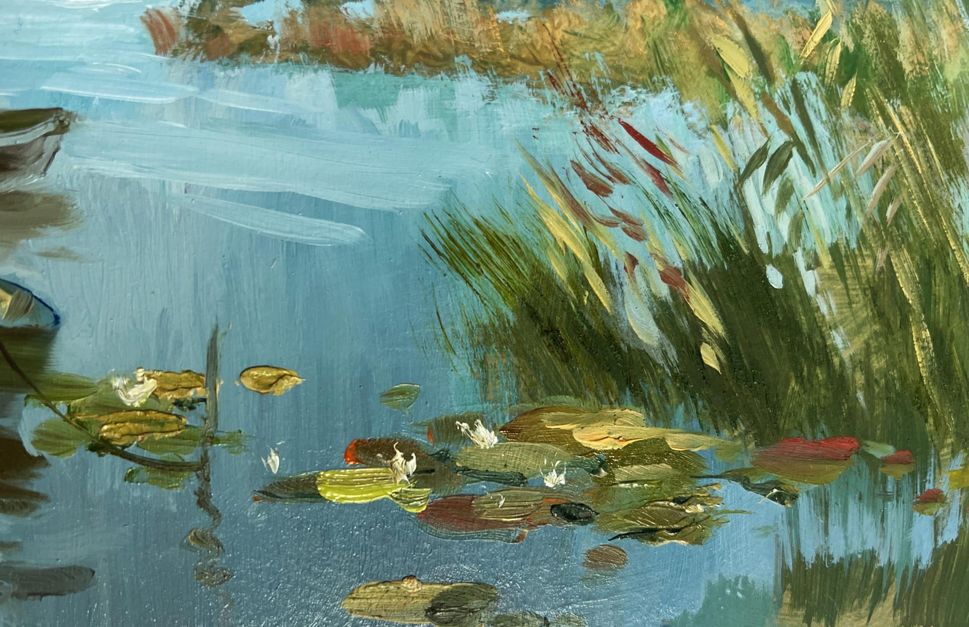 Vibrant impressionist oil painting of summer cloudy pond by Yuriy Suprunchuk