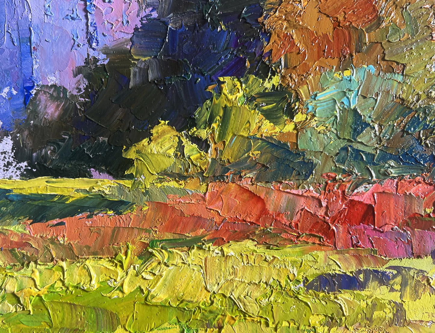 Oil painting of autumn meadows outside city by Boris Serdyuk