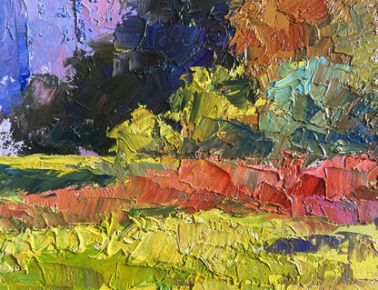 Oil painting of autumn meadows outside city by Boris Serdyuk