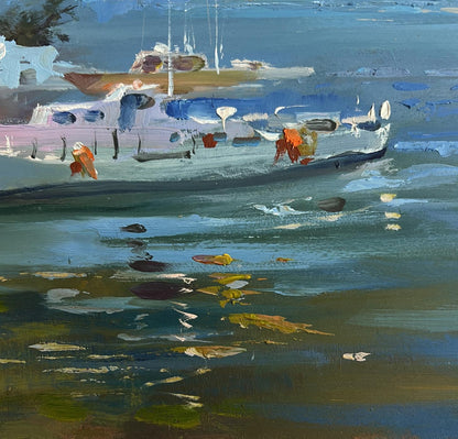 Oil painting A storm is coming by Yuriy Suprunchuk: white blue boat on textured water