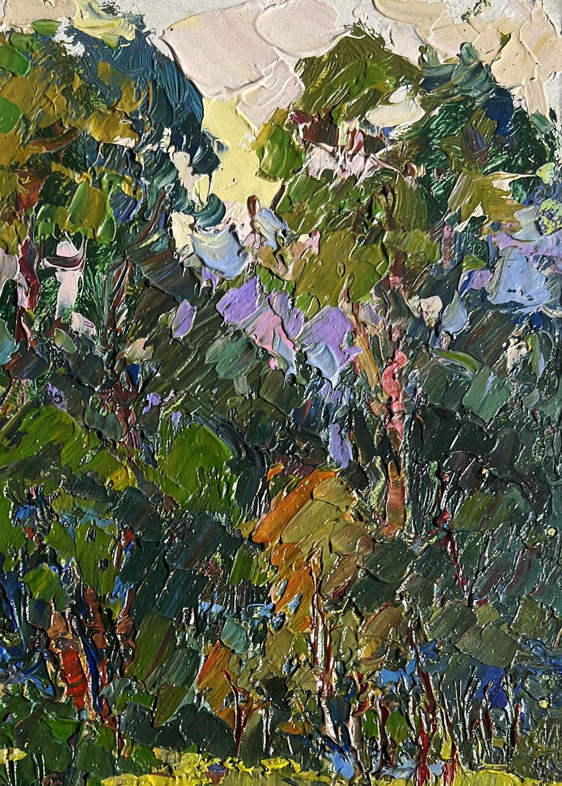Vibrant impasto oil painting of lush forest by Oksana Ivanyuk, A break from the city