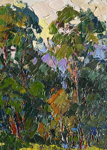 Vibrant impasto oil painting of lush forest by Oksana Ivanyuk, A break from the city