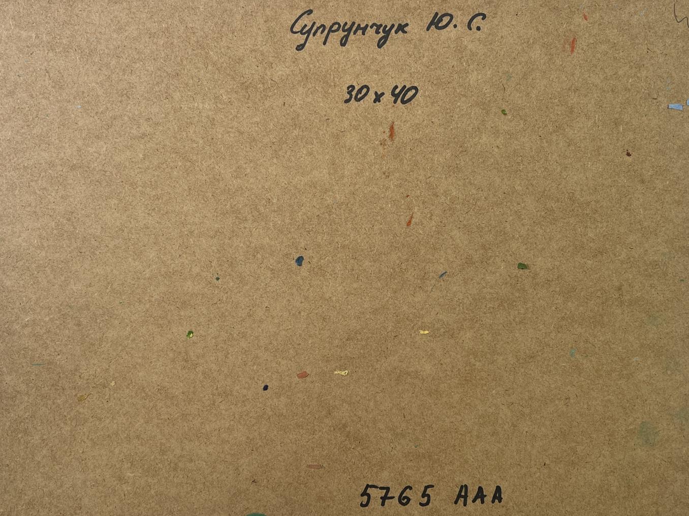 Back of Yuriy Suprunchuk oil painting Bridge over the river with brown cardboard handwritten text and colored specks