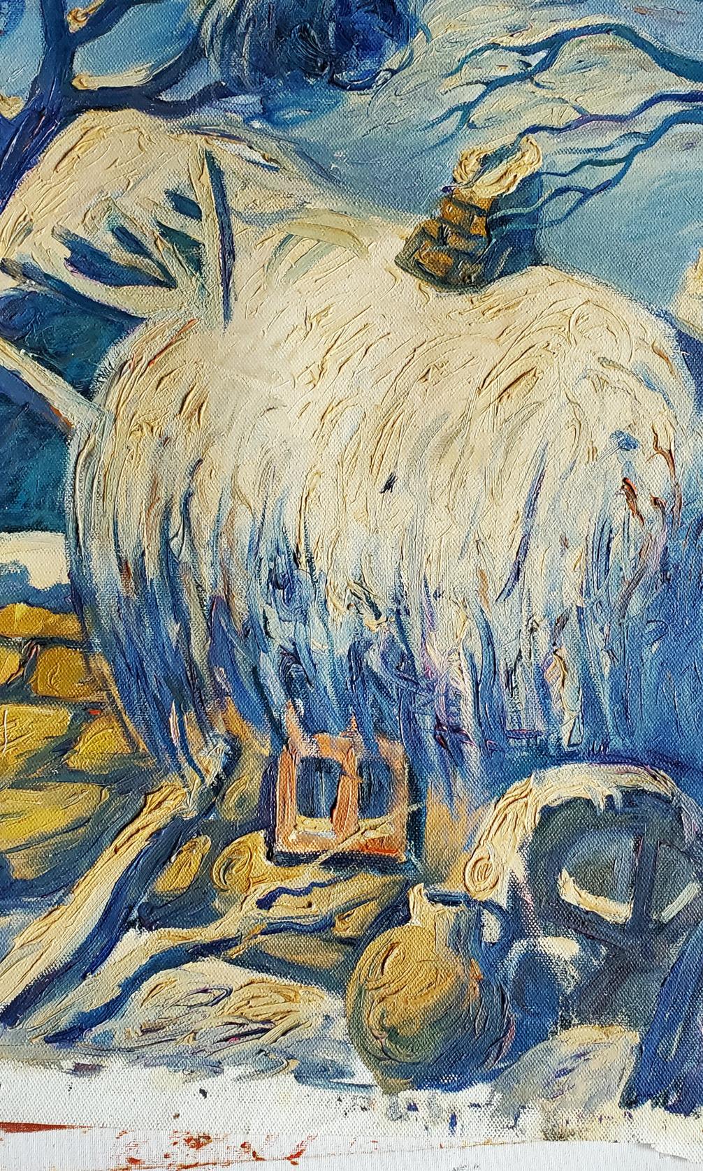 Oil painting Winter in the village by Daniil Litvinov with blue brushstrokes