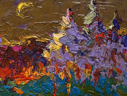 Oil painting Moon in the sky by Oleksiy Ivanyuk, vibrant purple gold red blue on brown