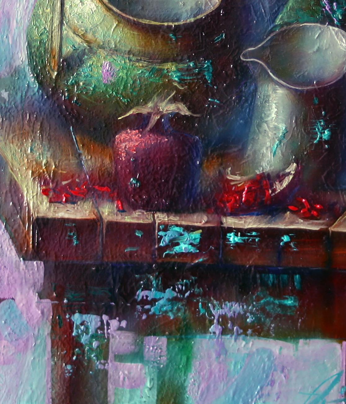 Oil painting Green still life by Alexander Dobrodiy: textured red pomegranate