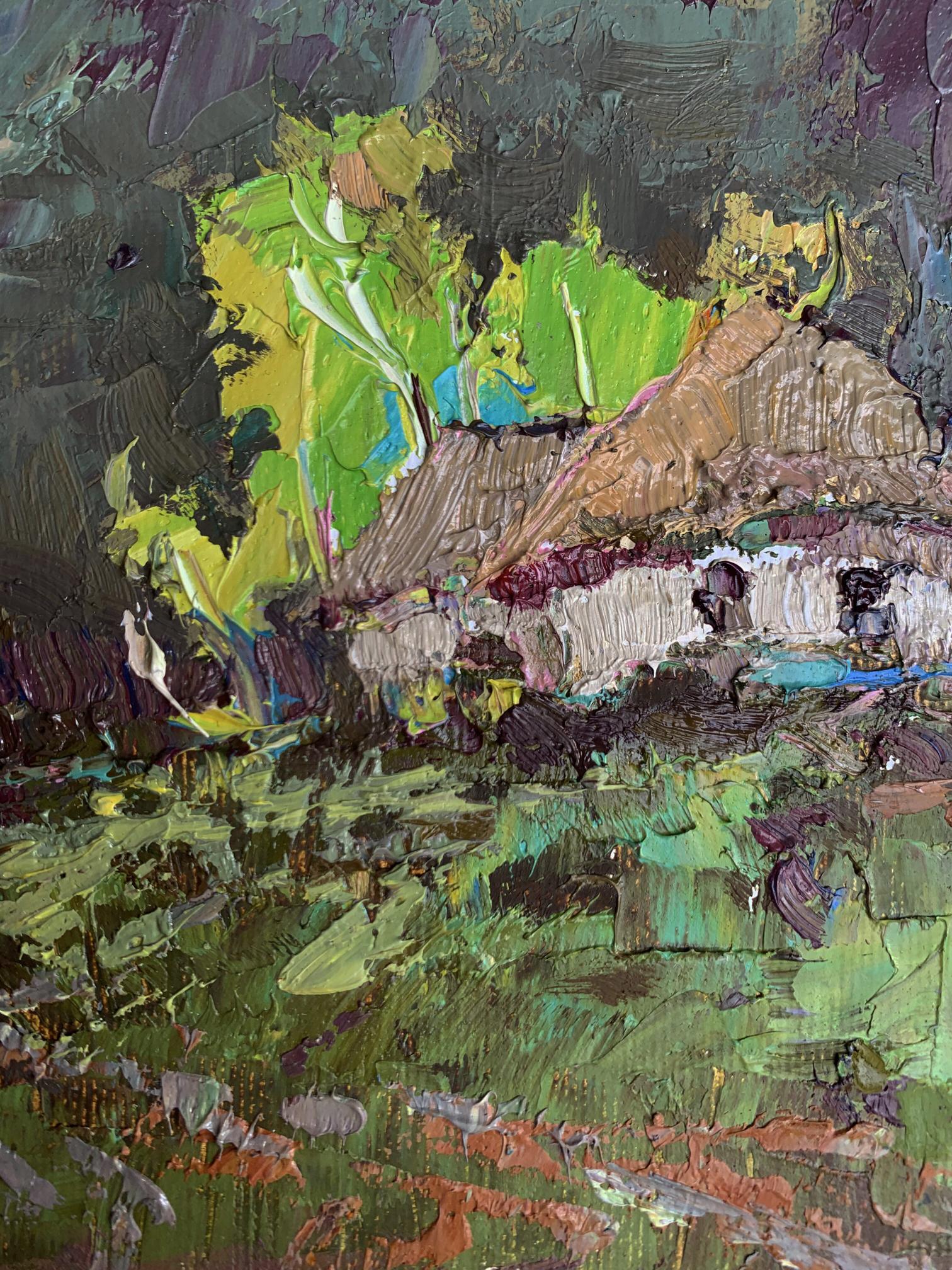 Oil painting Before the Storm by Oksana Ivanyuk rustic cottage in foliage