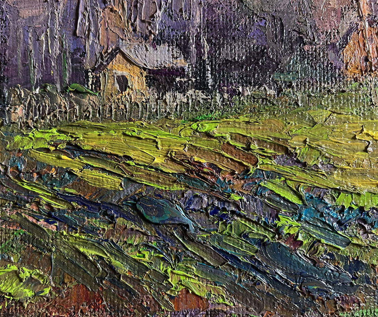 Oil painting The fragrant nature of spring by Boris Serdyuk: rustic house in green fields under purple sky