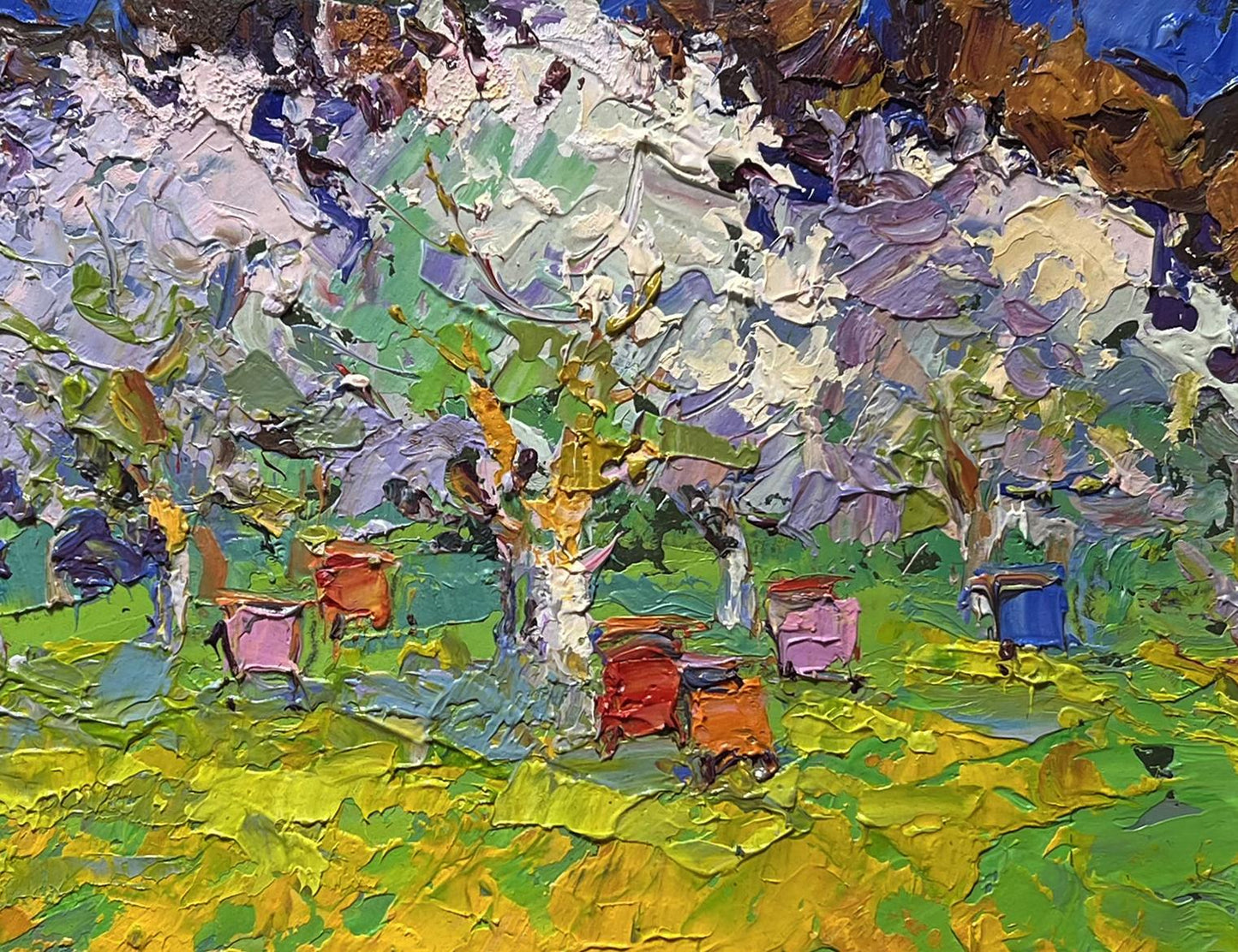 Vibrant impressionist oil painting Spring apiary by Oksana Ivanyuk