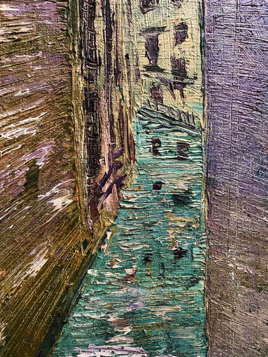 Textured oil painting of narrow canal by Serhiy Kovalev