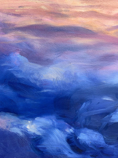 Oil painting Soaring in the Clouds by Tatyana Derdey, gradient peach to blue sky