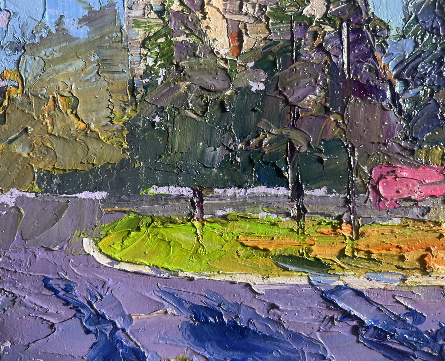 Oil painting of summer city park by Boris Serdyuk with green grass and trees