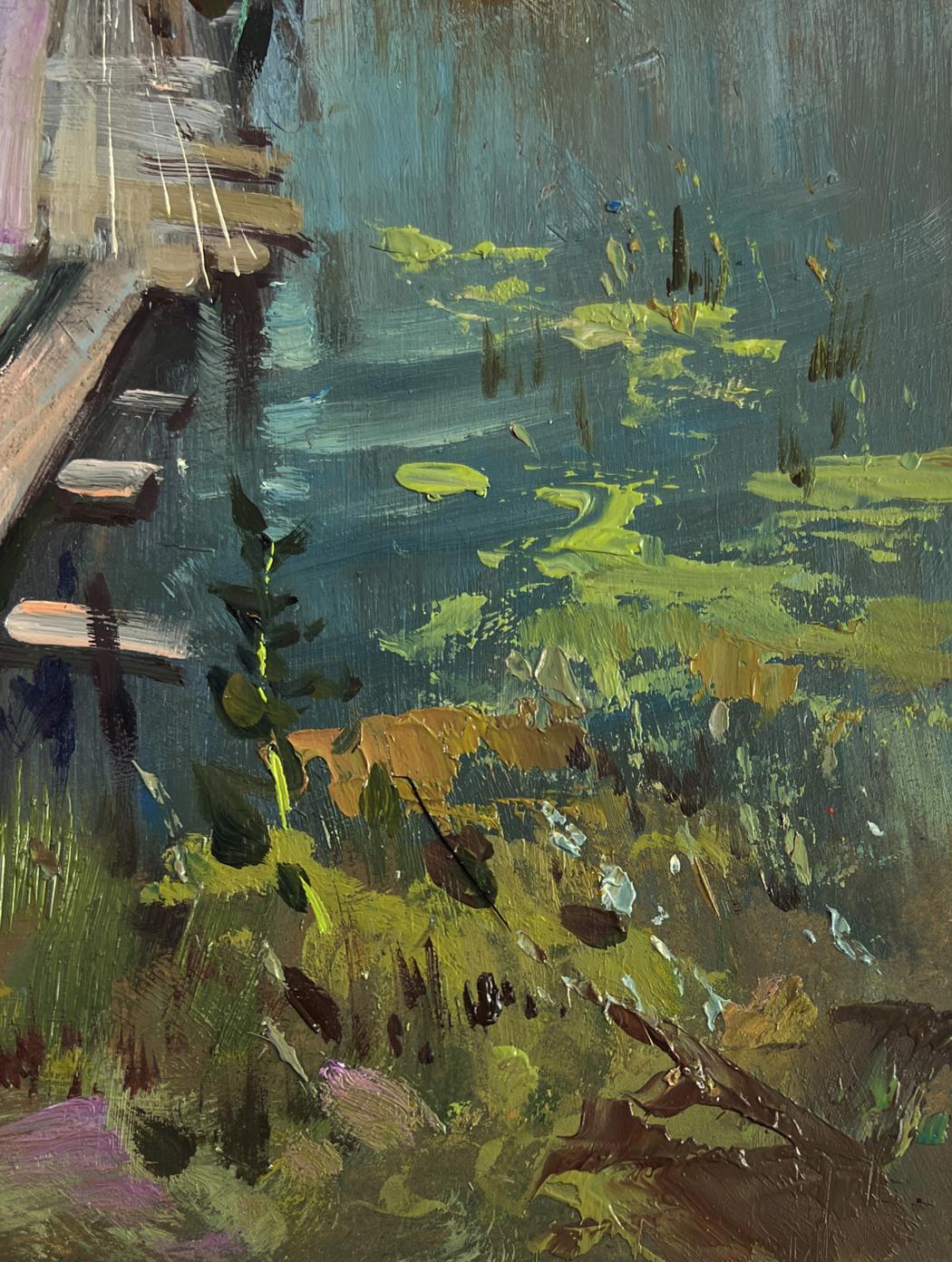 Textured impasto oil painting of lily pads, bridge to village by Yuriy Suprunchuk