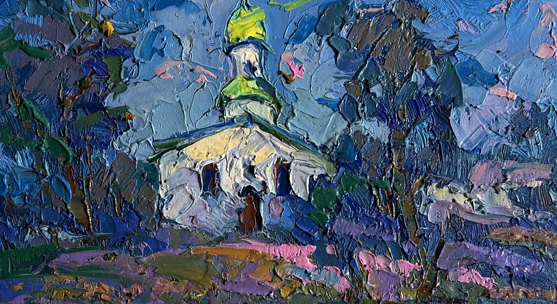 Vibrant impressionist oil painting Early in the morning at church by Oksana Ivanyuk