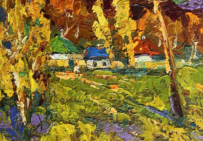 Oil painting Autumn streets of village by Oksana Ivanyuk, impressionist house in foliage