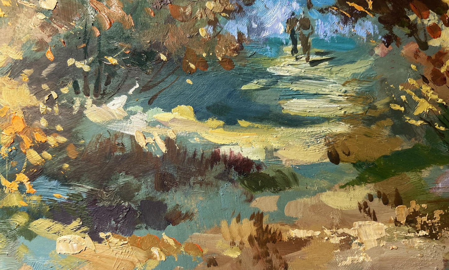 Impressionistic oil painting by Yuriy Suprunchuk of autumn forest walk