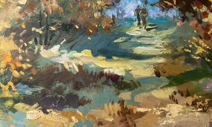 Impressionistic oil painting by Yuriy Suprunchuk of autumn forest walk