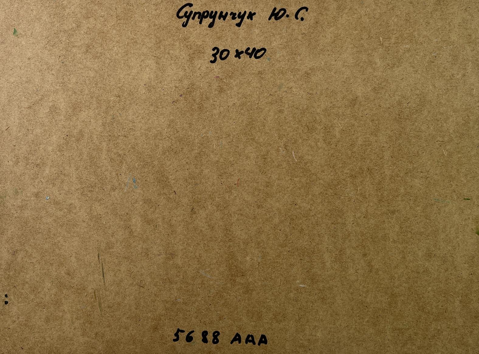 Back of Yuriy Suprunchuk oil painting Country house: brown cardboard with Cyrillic text