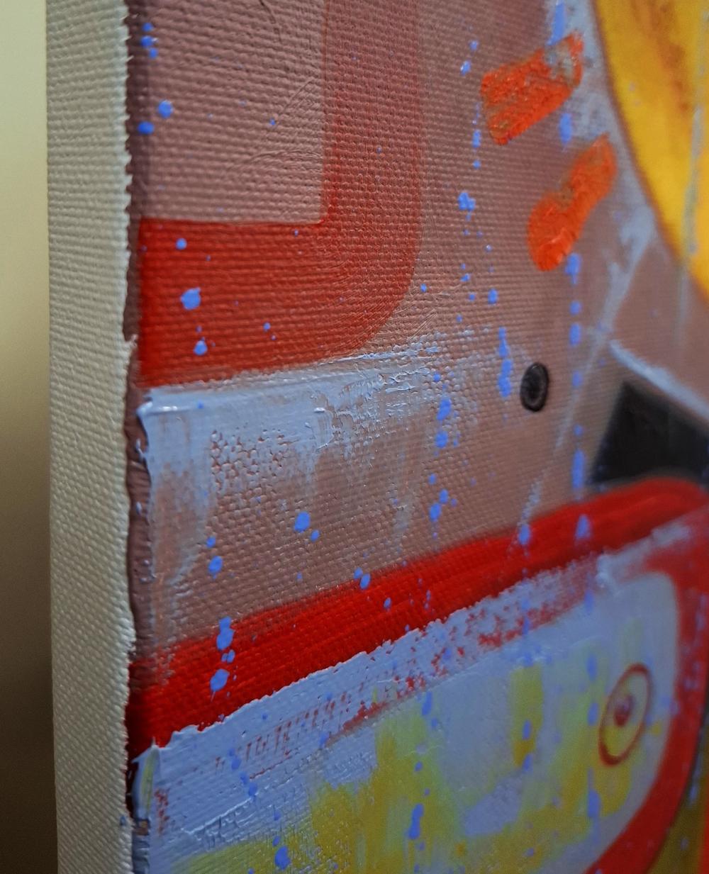Oil painting Birds of a loving heart by Sergiy Voichenko with red white stripes blue splatters orange accents