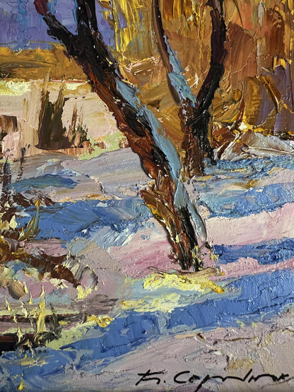 Impasto oil painting of Boris Serdyuk winter forest tree trunks