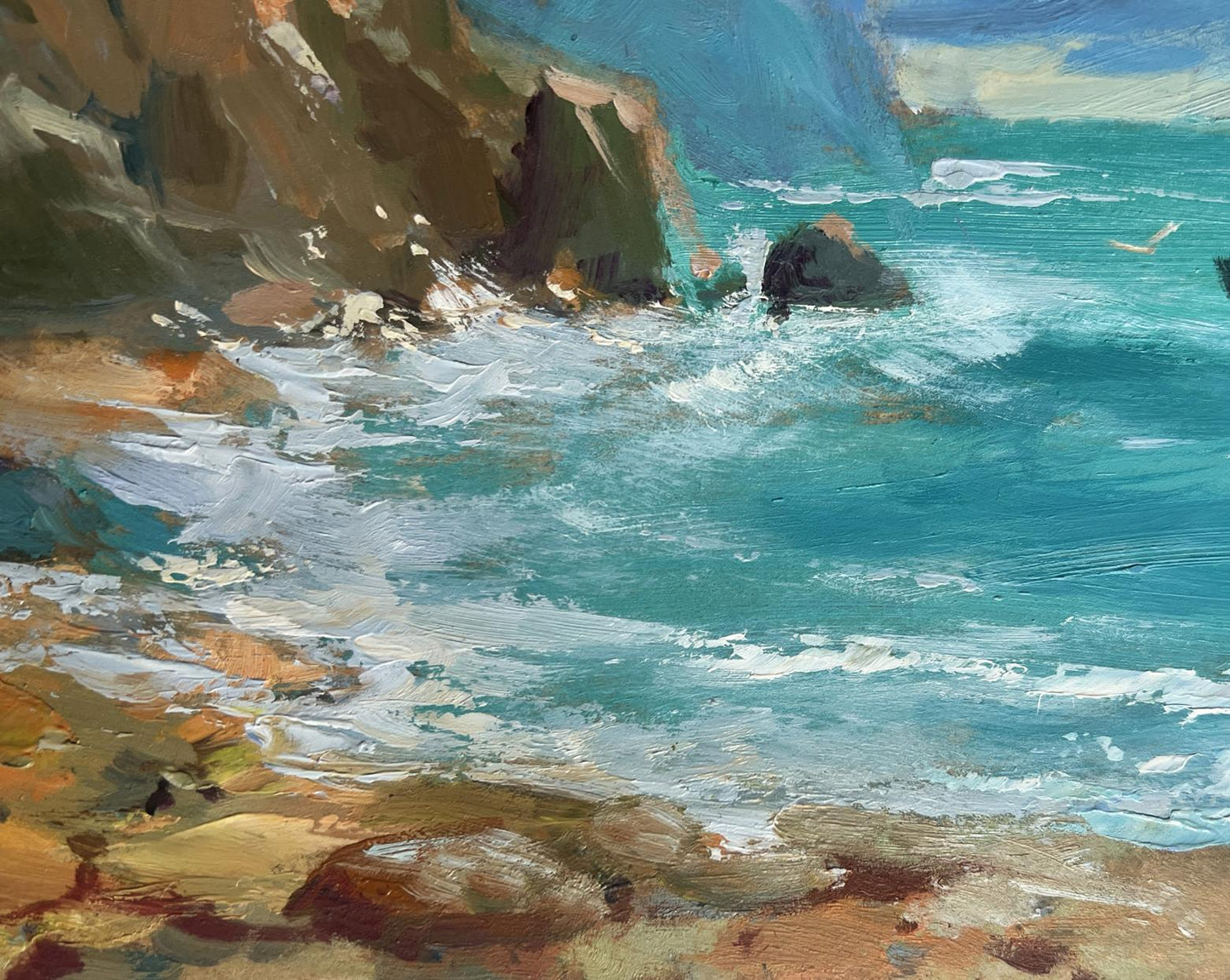 Oil painting of turquoise waves crashing on cliffs by Yuriy Suprunchuk