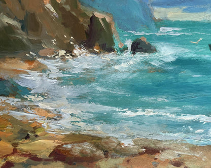 Oil painting of turquoise waves crashing on cliffs by Yuriy Suprunchuk