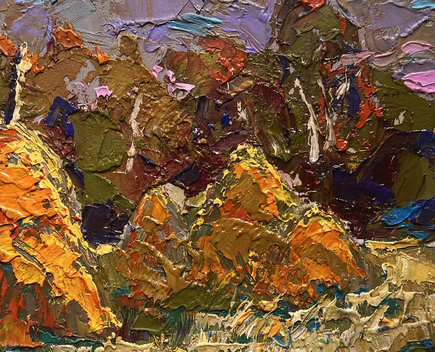 Vibrant impasto oil painting of haystacks in field by Oleksiy Ivanyuk