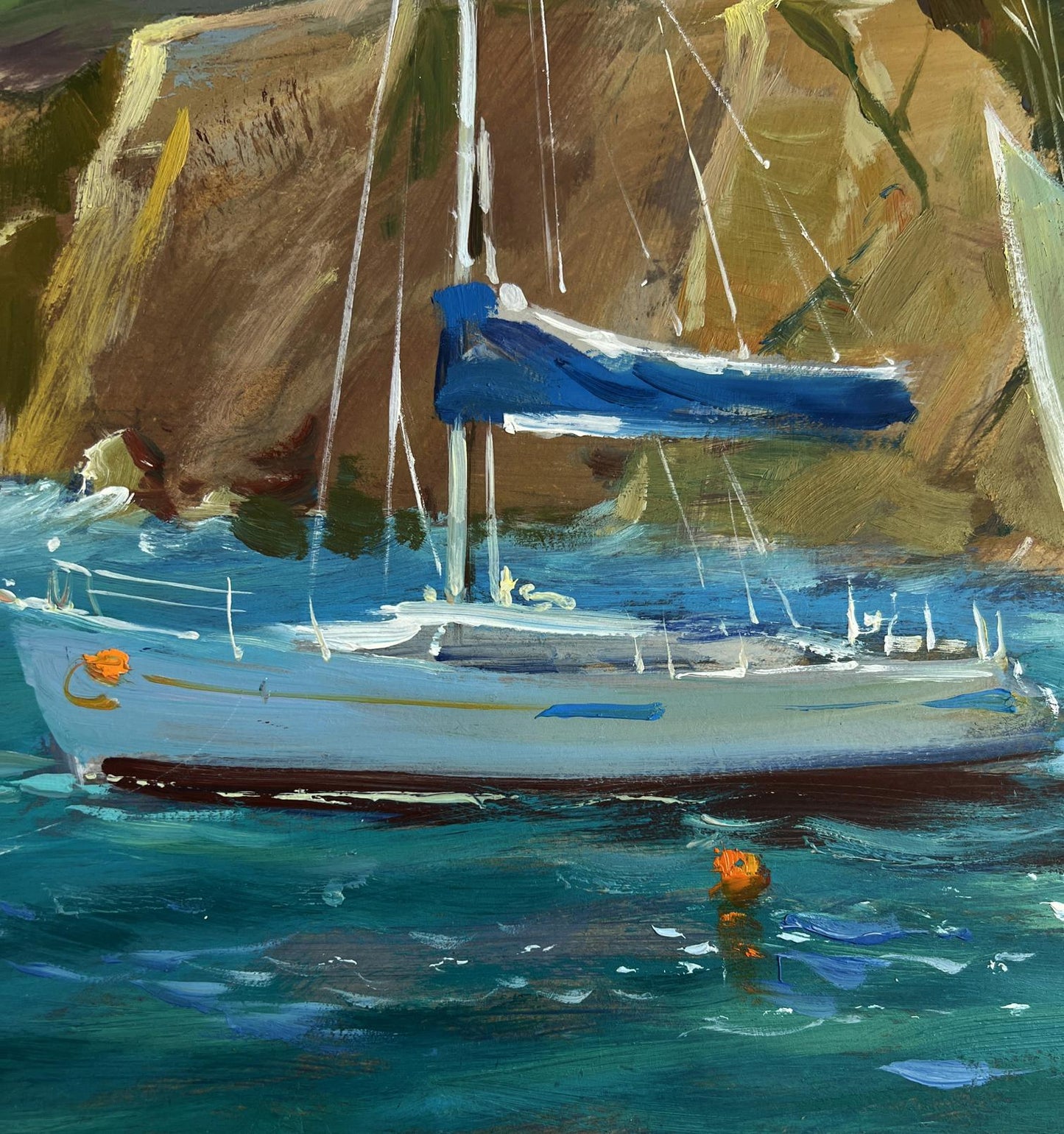 Impressionistic oil painting of light blue sailboat by Yuriy Suprunchuk