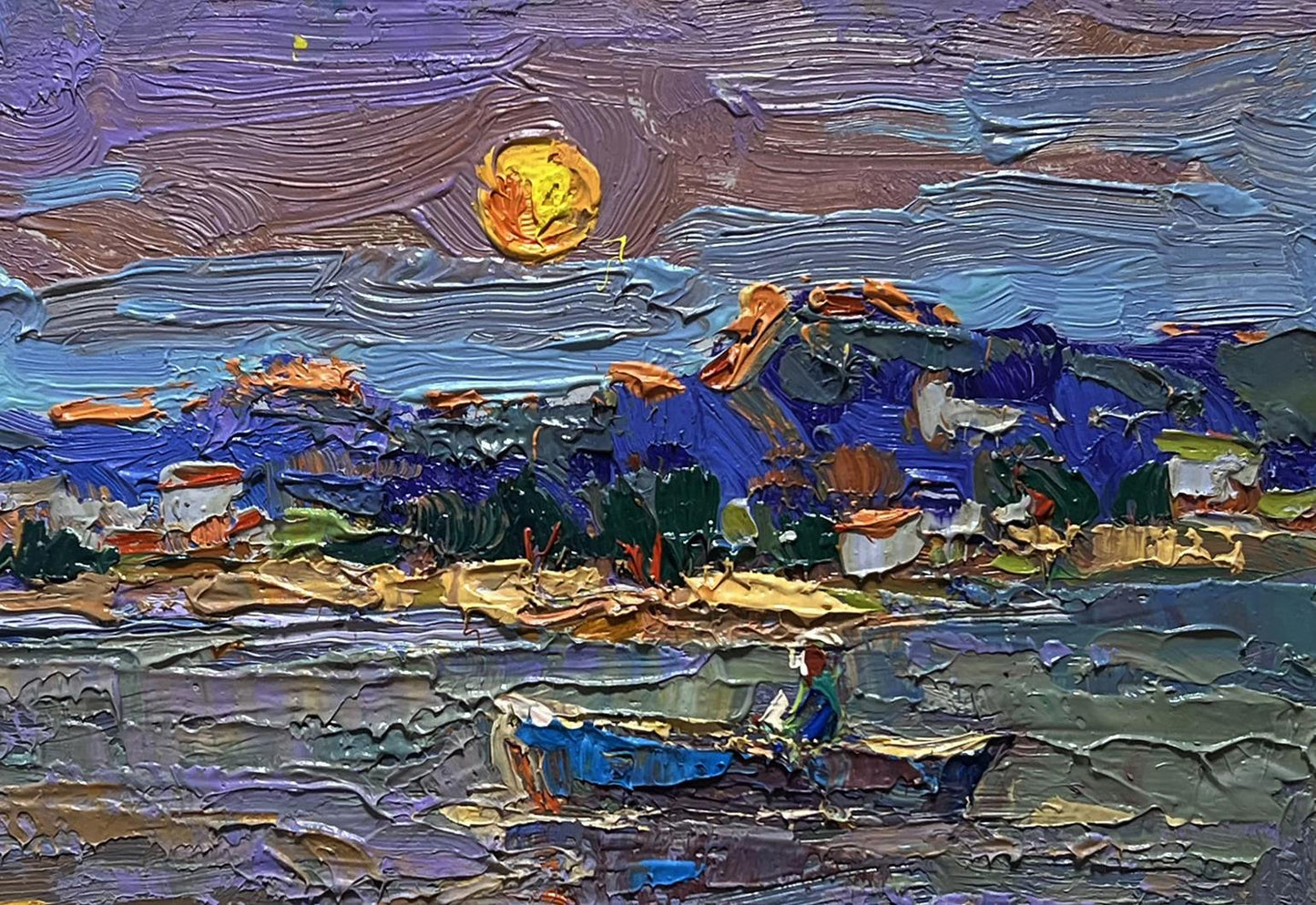 Oil painting Moon over the lake by Oksana Ivanyuk with vibrant sun and coastal village