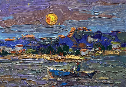 Oil painting Moon over the lake by Oksana Ivanyuk with vibrant sun and coastal village