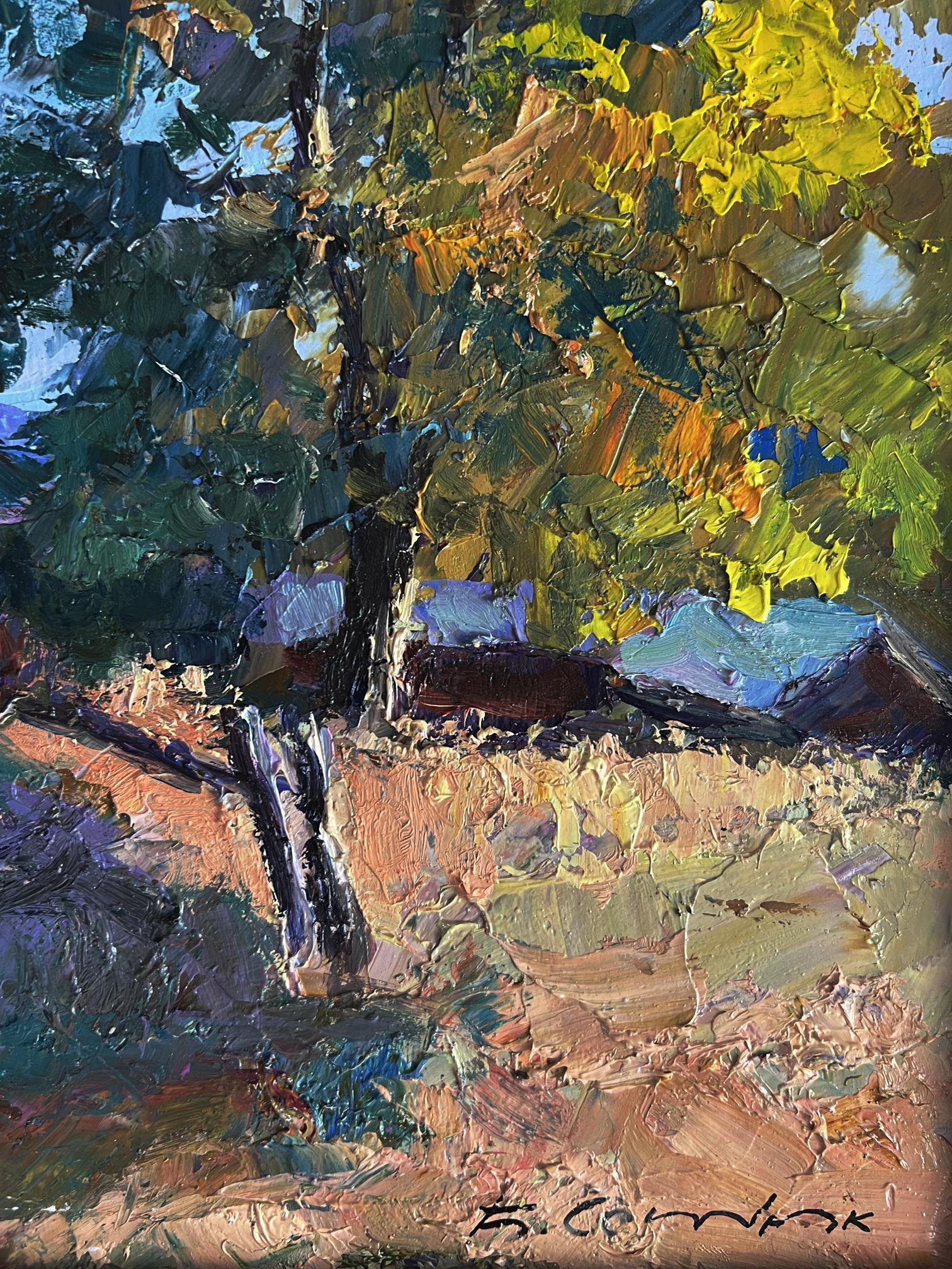 Textured impressionist oil painting of house on hill by Boris Serdyuk