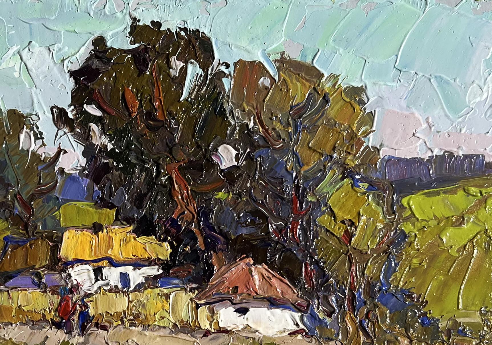 Impasto textured oil painting of village houses by Oksana Ivanyuk