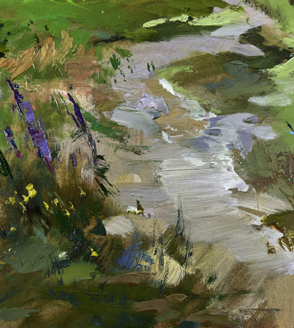 Oil painting Morning with cows by Yuriy Suprunchuk, abstract green landscape