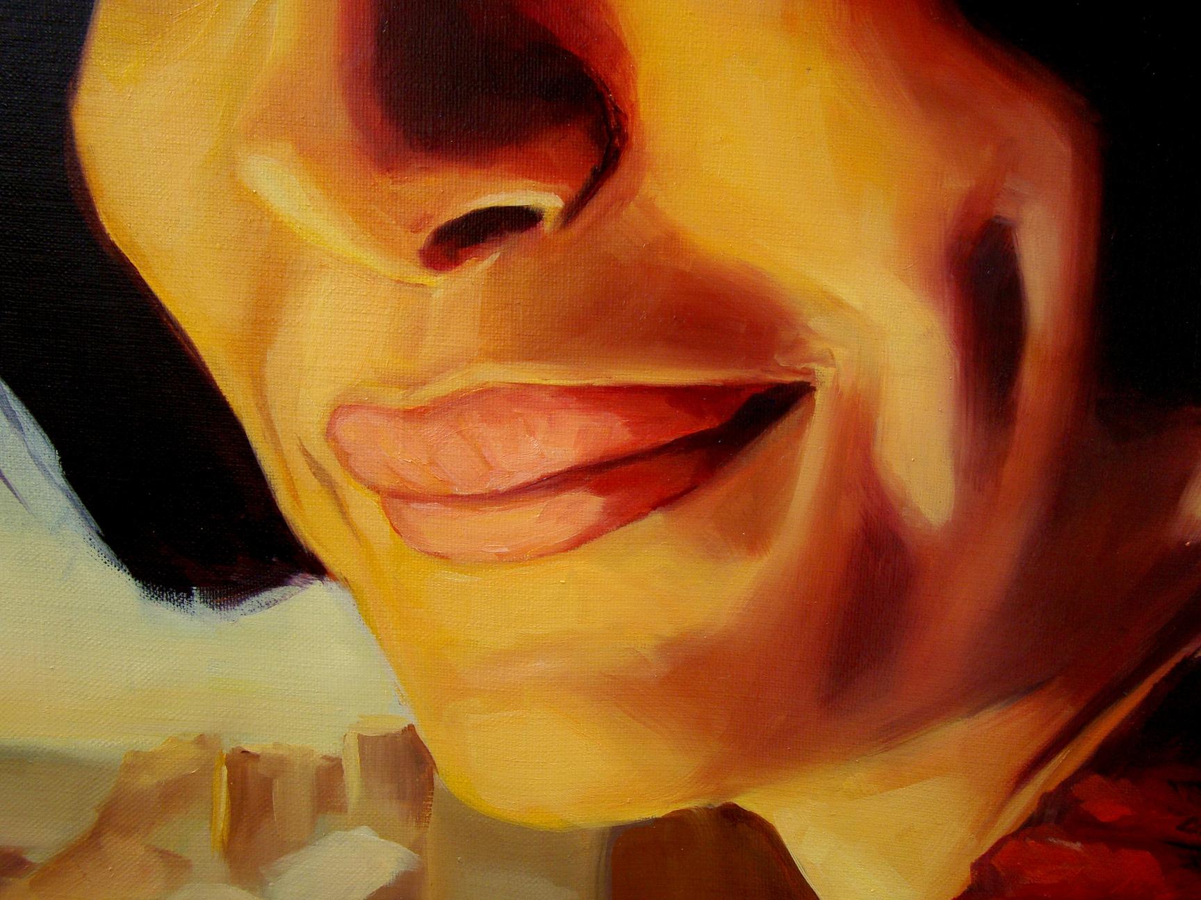 Warm-toned oil painting Crazy eyes by Yulia Lihina with smiling face