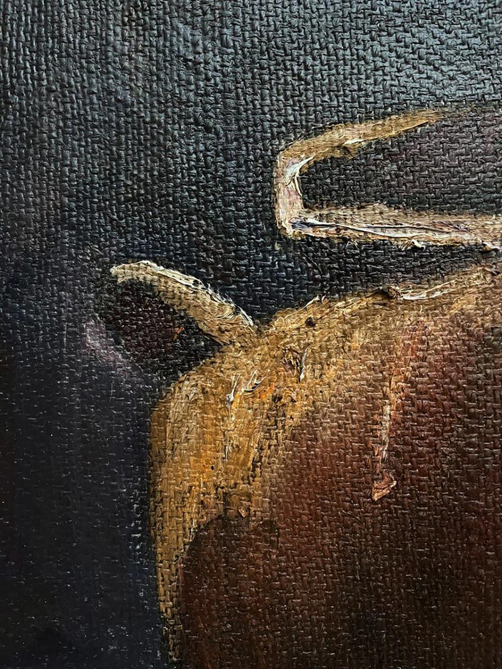 Oil painting by Oleksandr Andreev: rustic antlered animal on textured canvas