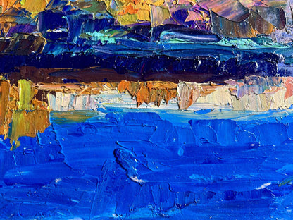 Vibrant impressionist oil painting by Boris Serdyuk overlooking city river