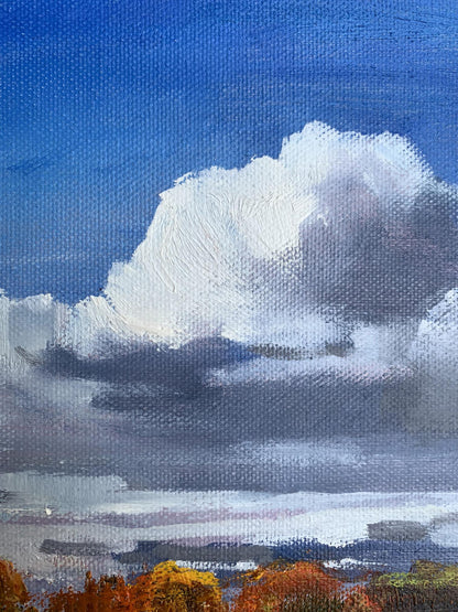 Oil painting Cloudy day Tatyana Derdey with gray clouds and autumn trees