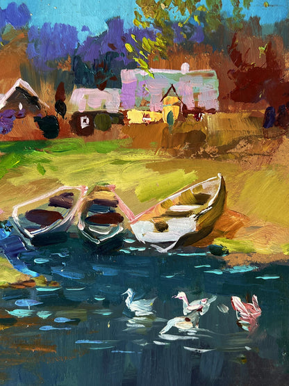Oil painting of geese swimming near river by Yuriy Suprunchuk with rowboats