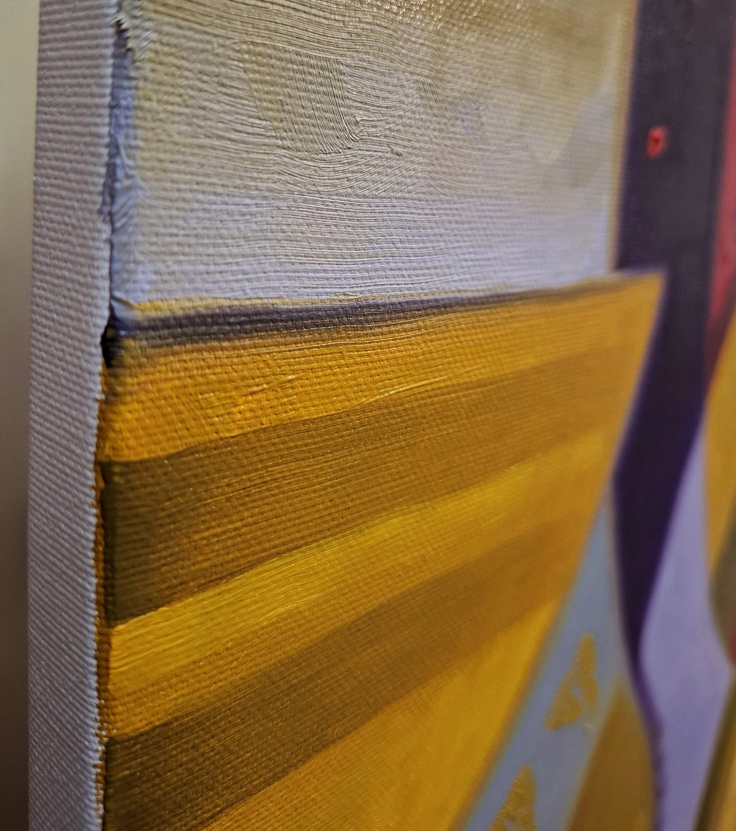 Oil painting The crushing abstraction of Drakkar by Sergiy Voichenko with bold yellow-gray stripes