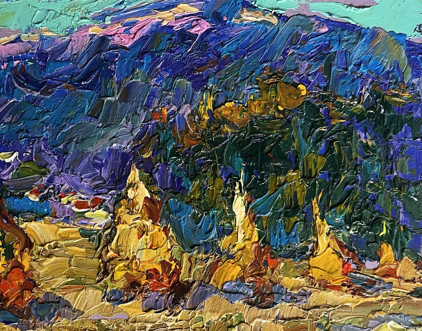 Vibrant impressionist oil painting of haystacks and mountains by Oleksiy Ivanyuk