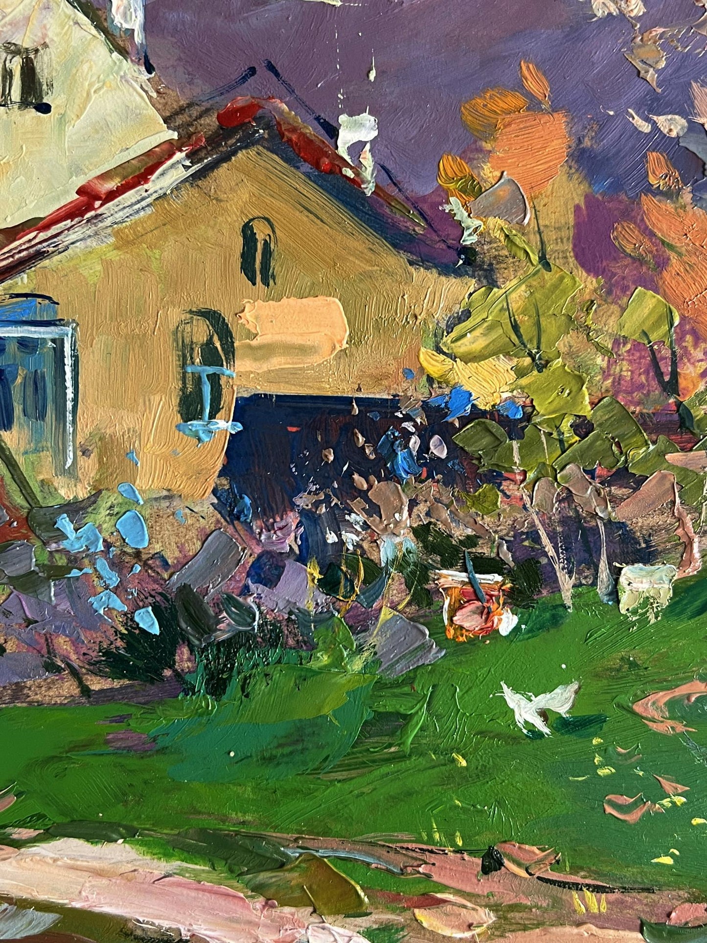 Vibrant impressionist oil painting of yellow country house by Yuriy Suprunchuk