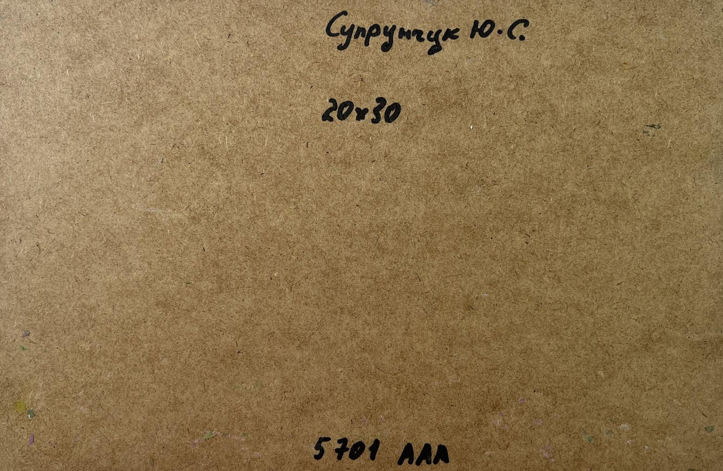 Back of Yuriy Suprunchuk oil painting Country geese with handwritten Cyrillic text and measurements on brown cardboard