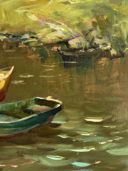 Oil painting of green black rowboat with red trim by Yuriy Suprunchuk