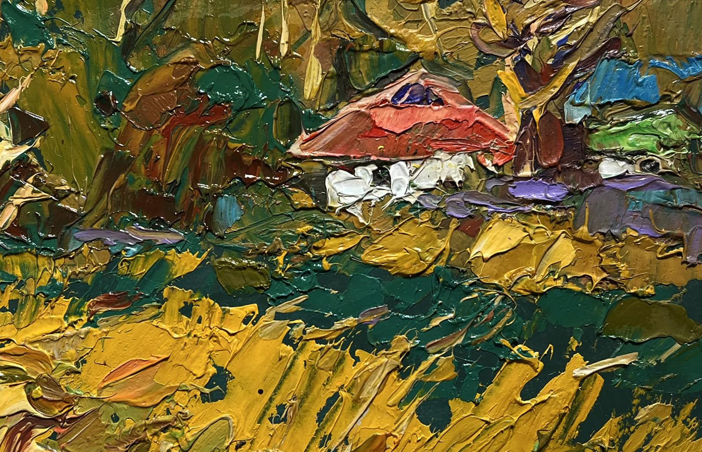 Oil painting Evening is coming in the village by Oleksiy Ivanyuk: red mushroom