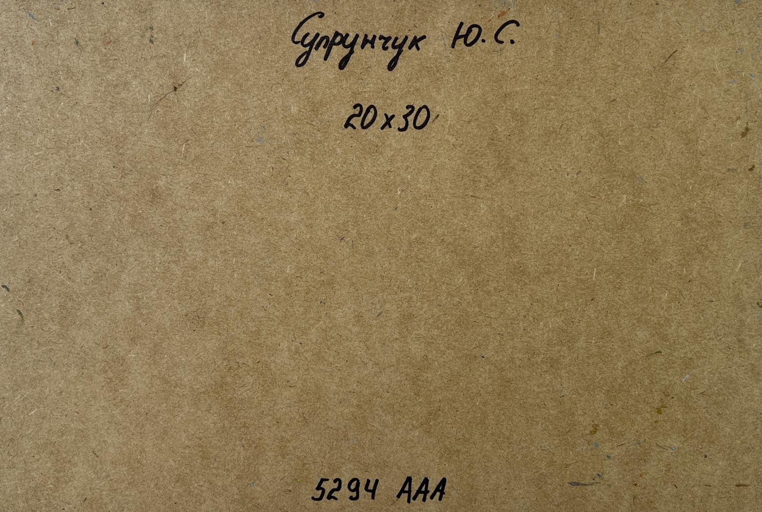 Back of Yuriy Suprunchuk Quiet forest river oil painting with brown textured paper Cyrillic text and numbers