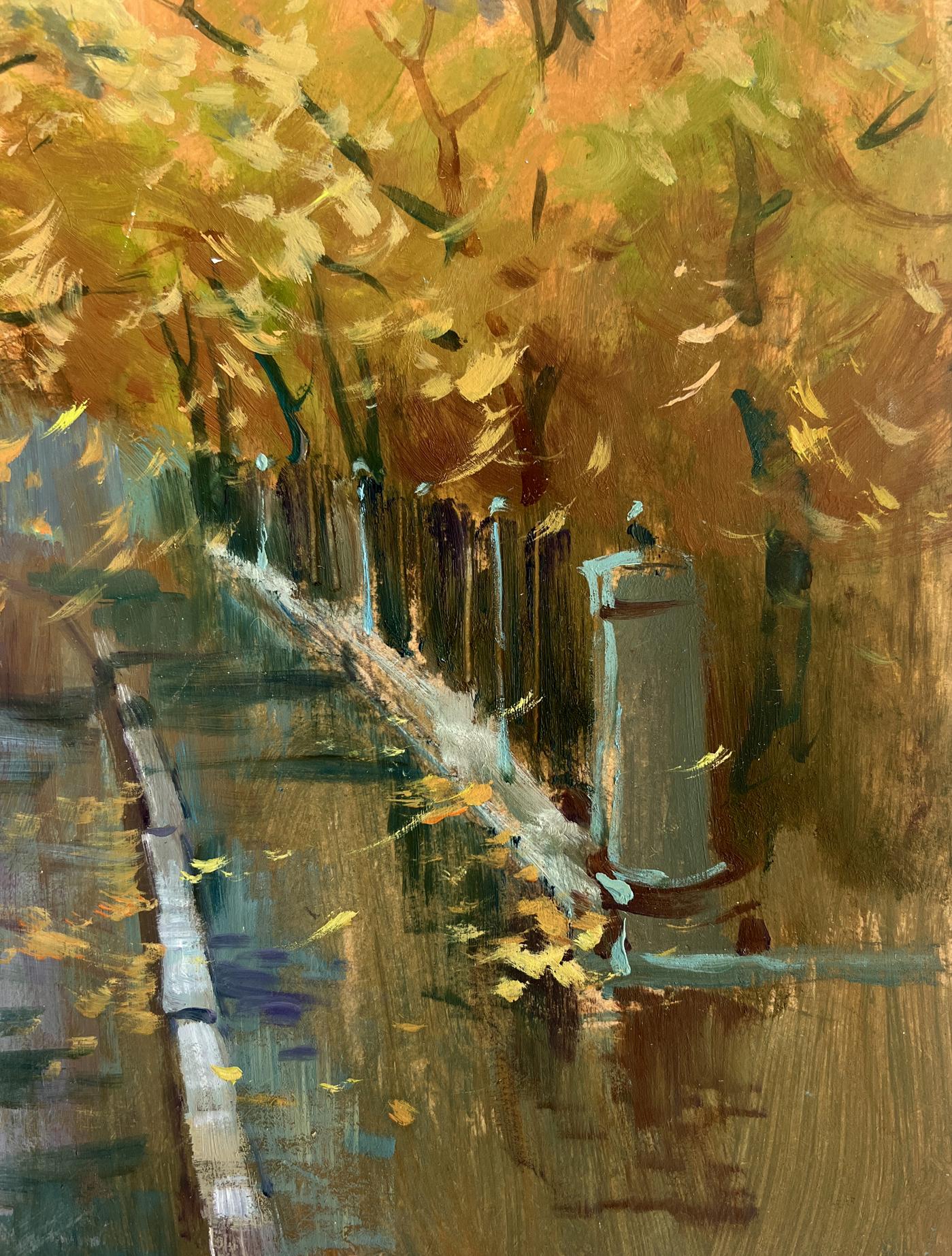 Oil painting of gray trash can by wet sidewalk under autumn leaves by Yuriy Suprunchuk