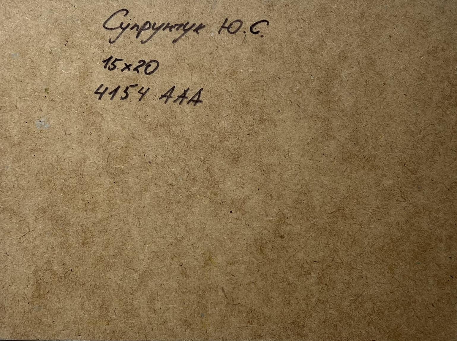 Back of Yuriy Suprunchuk oil painting Sailing holidays with Cyrillic text on brown cardboard
