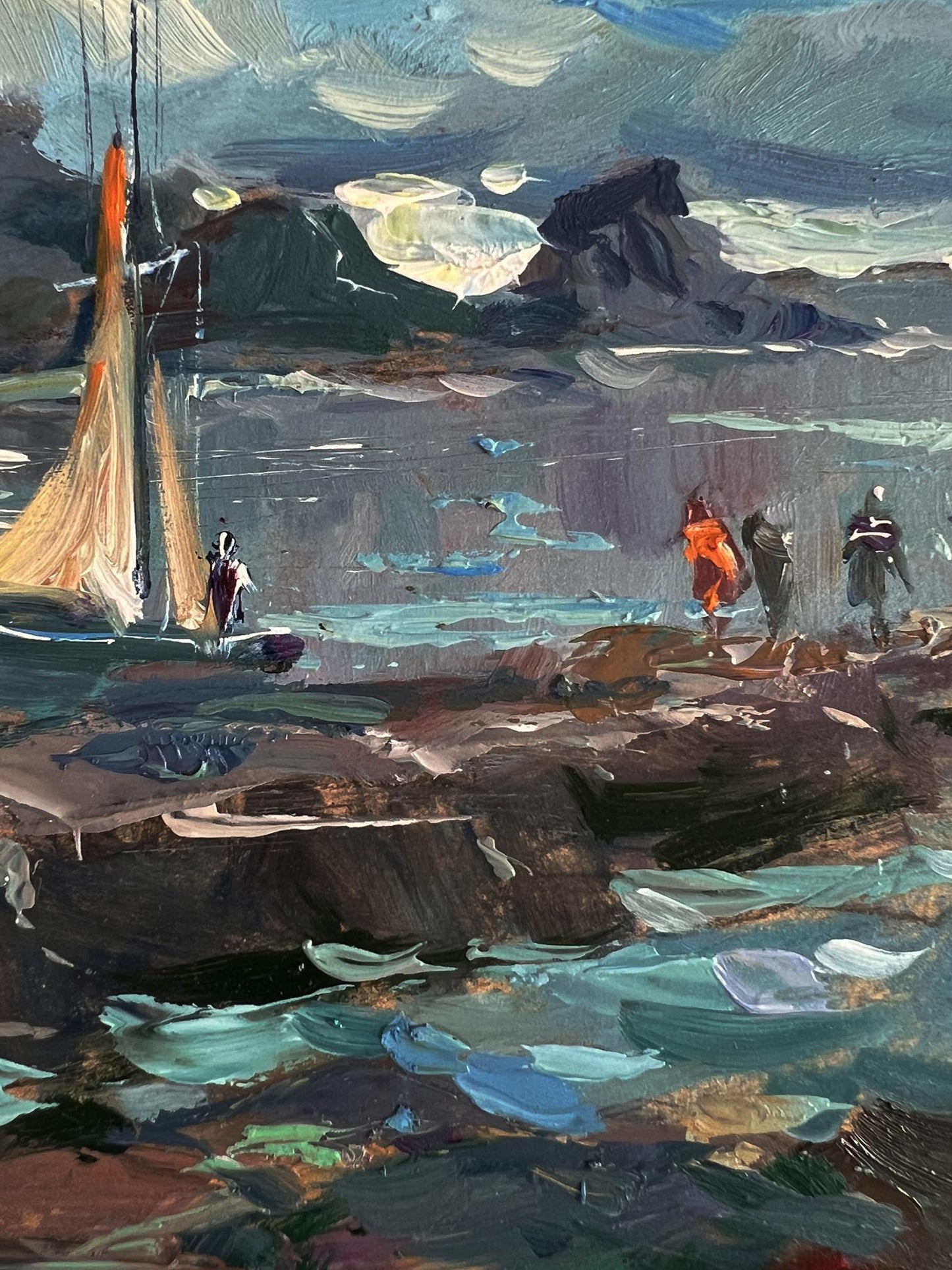 Oil painting of sailboat near seashore by Yuriy Suprunchuk